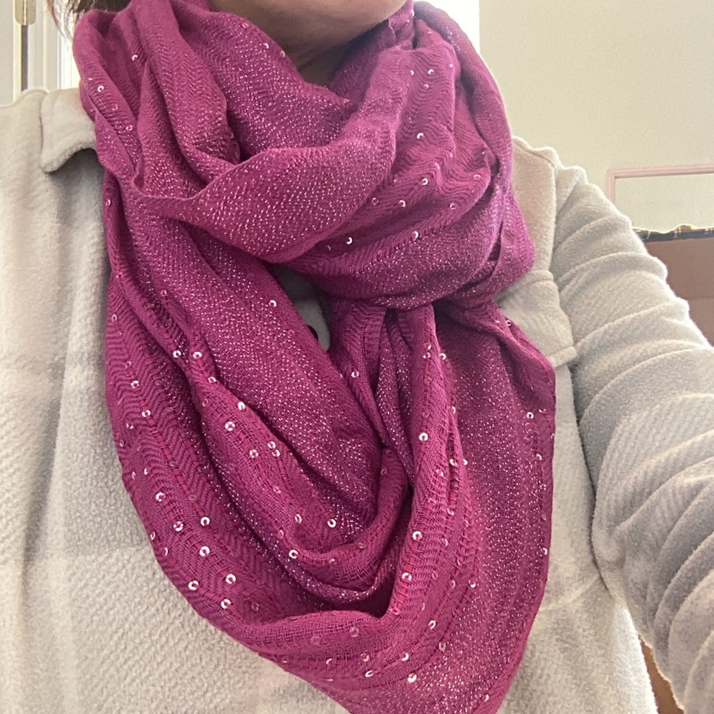 NWT Cejon Magenta silver thread & sequins womens infinity scarf | lightweight